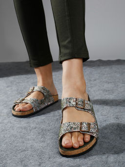 Inc.5 - Women Off White Printed Cork Finish Open Toe Comfort Flat Sandals with Buckle Detail