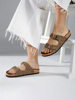 Inc.5 - Women Tan Printed Cork Finish Open Toe Comfort Flat Sandals with Buckle Detail
