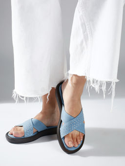 Inc.5 - Women Blue Denim Criss-Cross Strap Open Toe Sandals
