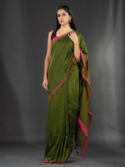 CHARUKRITI - Moss Green Pure Cotton Hand Woven Soft Saree with Strip in Pallu with Unstitched Blouse