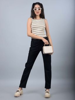 CRIMSOUNE CLUB - Women Brown Horizontal Stripes Sleeveless Crop Length T-Shirt