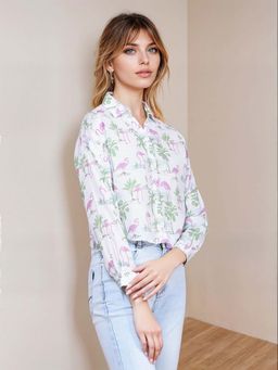 CRIMSOUNE CLUB - Women Green Floral Print Crop Linen Shirt