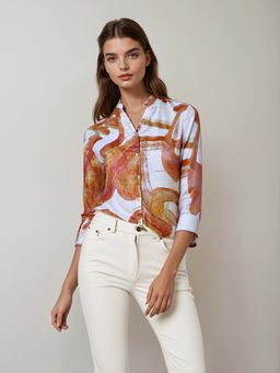 CRIMSOUNE CLUB - Women Peach Printed Mandarin Neck Linen Shirt