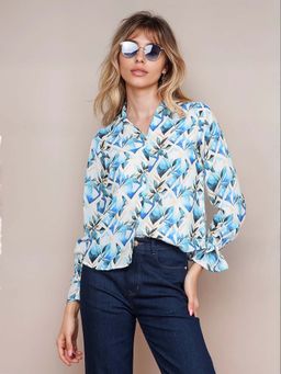 CRIMSOUNE CLUB - Women Blue Floral Print Shirt