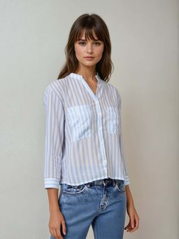 CRIMSOUNE CLUB - Women Blue Vertical Stripes V-Neck Shirt