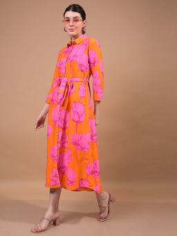 CRIMSOUNE CLUB - Women Orange Floral Print Shirt Dress With Belt (Set of 2)