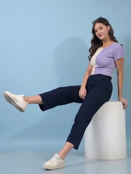 CRIMSOUNE CLUB - Women Purple Color-Blocked Crop Length T-Shirt