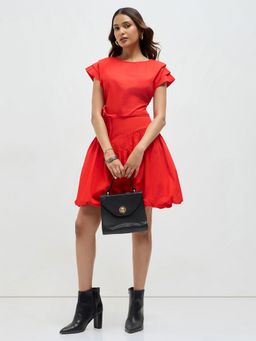 KAMLIE - Red Solid Bubble Hem Mini Dress with Belt