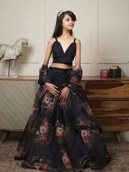 Fayon Kids - Black Crop Top with Printed Lehenga and Dupatta (Set of 3)