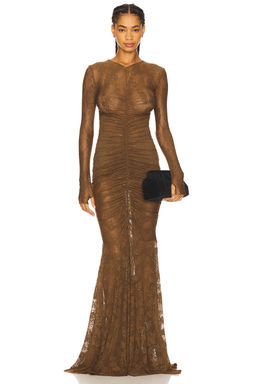 Norma Kamali - Long Sleeve V Neck Shirred Front Fishtail Gown