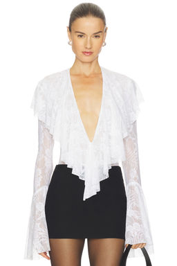 Norma Kamali - Long Sleeve Deep V Ruffle Bodysuit