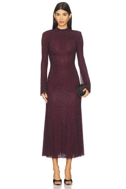 self-portrait - Burgundy Rhinestone Fishnet Midi Dress