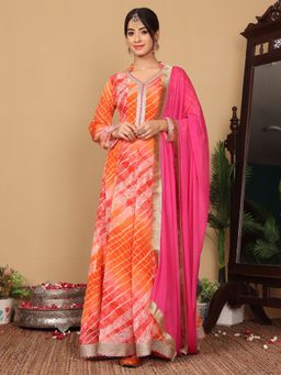 Varanga - Woven Leheriya V-Neck Lace Embellished Anarkali Kurta with Dupatta