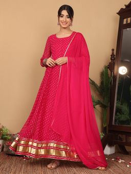 Varanga - Woven Pink Bandhani Anarkali Kurta with Dupatta