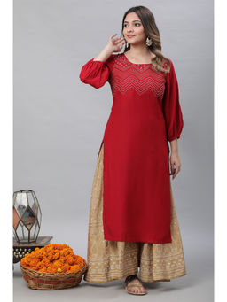 Aurelia - Red Textured Rayon Embroidered Kurta