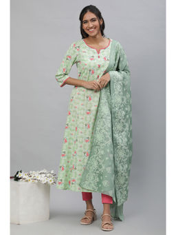 Aurelia - Green Printed Flared Anarkali (Set of 3)