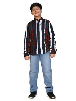 KiddoPanti - Navy & Maroon Stripe Boys Mandarin Collar Full Sleeve Shirt