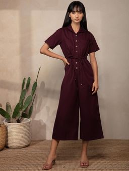 Twenty Dresses by Nykaa Fashion - Wine Solid Collar Neck Jumpsuit