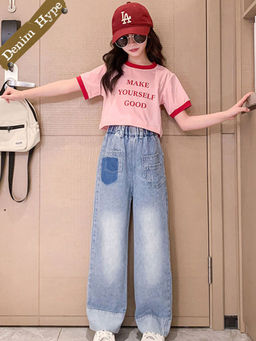 Hopscotch - 2-Piece Text Print T-Shirt and Denim Jeans