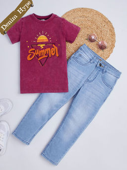 Hopscotch - 2-Piece Text Print T-Shirt and Denim Jeans