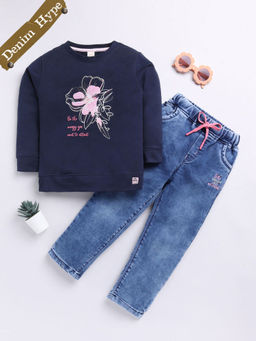 Hopscotch - Floral Print Sweatshirt and Denim Jeans (Set of 2)