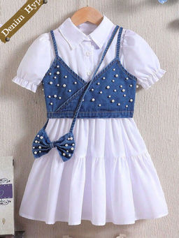 Hopscotch - Embellished Denim Dress with Cami and Bow Bag (Set of 3)