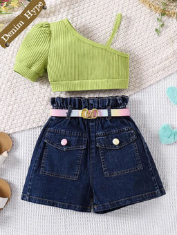 Hopscotch - 2-Piece Textured Top and Denim Shorts with Belt
