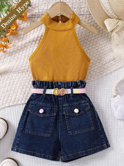Hopscotch - 2-Piece Textured Top and Denim Shorts with Belt