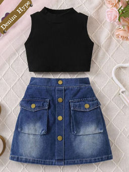 Hopscotch - 2-Piece Textured Vest and Denim Skirt