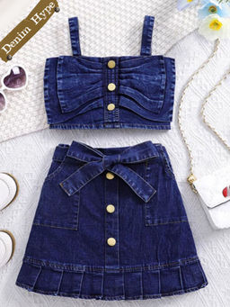 Hopscotch - 2-Piece Bow Applique Denim Blouse and Skirt