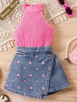 Hopscotch - 2-Piece Heart Print Top and Denim Skorts