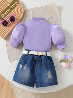 Hopscotch - 2-Piece Textured Top and Denim Shorts with Belt