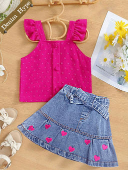 Hopscotch - 2-Piece Textured Top and Denim Skirt Set with Belt