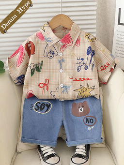 Hopscotch - 2-Piece Printed Shirt and Denim Shorts