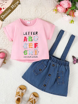 Hopscotch - 2-Piece Text Print T-Shirt and Denim Skirt