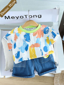 Hopscotch - 2-Piece Abstract Print T-Shirt and Denim Shorts