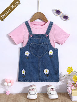 Hopscotch - 2-Piece Floral Embroidered Denim Dungaree and T-Shirt