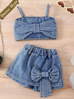 Hopscotch - 2-Piece Bow Applique Denim Blouse and Skorts