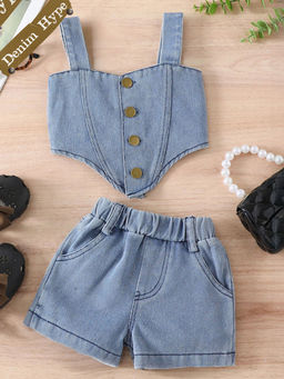 Hopscotch - 2-Piece Denim Blouse and Shorts