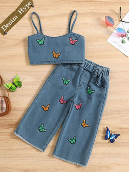 Hopscotch - 2-Piece Butterfly Print Denim Blouse and Jeans