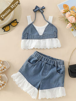 Hopscotch - 3-Piece Schiffli Denim Blouse with Vest and Shorts