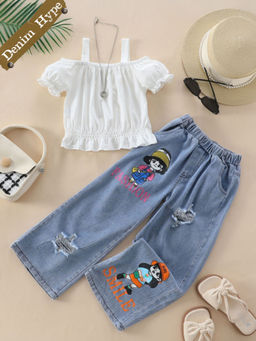 Hopscotch - 2-Piece Graphic Print Denim Jeans and Blouse