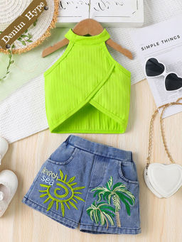 Hopscotch - 2-Piece Embroidered Denim Shorts and Tank Top