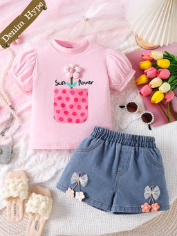 Hopscotch - 2-Piece Floral Applique T-Shirt and Denim Shorts