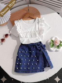 Hopscotch - 2-Piece Ruffle Embellished Top and Denim Skorts
