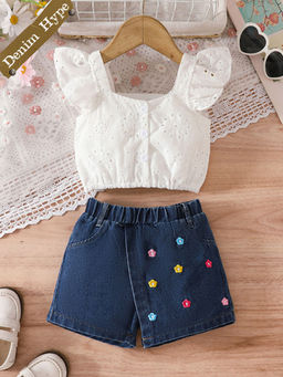 Hopscotch - 2-Piece Floral Embroidered Top and Denim Shorts