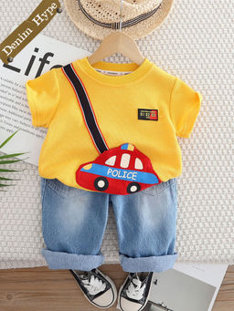Hopscotch - 2-Piece Vehicle Applique T-Shirt and Denim Jeans