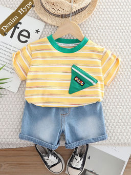 Hopscotch - 2-Piece Stripe Print T-Shirt and Denim Shorts