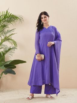 MOKOSH - Women Purple Cotton Embroidered Beads Work Kurta with Palazzo and Dupatta