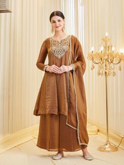 MOKOSH - Women Chocolate Brown Silk Embroidered Anarkali Kurta And Palazzo with Dupatta